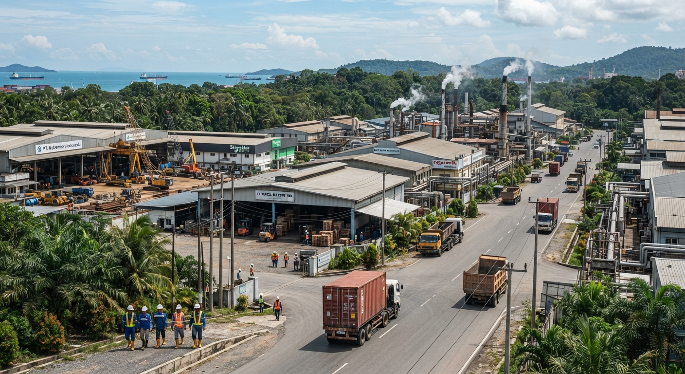 Batam industrial zone with factories, warehouses, and smokestacks