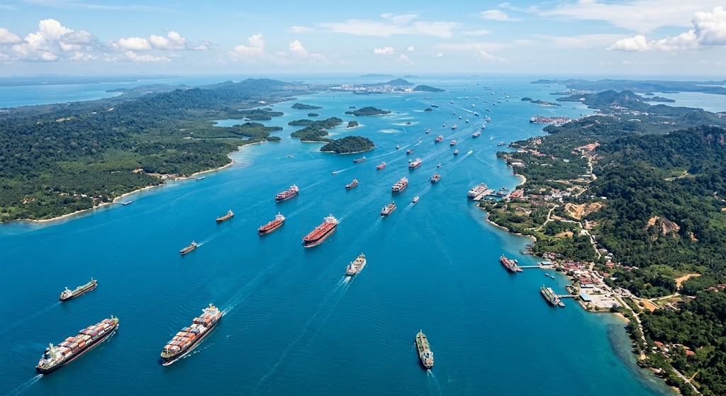 Aerial view of SIJORI Growth Triangle connecting Singapore, Johor, and Riau Islands